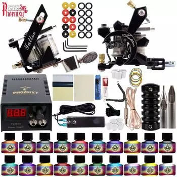 PHOENIXY Профессиональный набор для татуировки 2 машины Набор пистолетов Дизайн Набор пигментных чернил ЖК-дисплей Power Set Боди-арт Перманентный полный набор для татуировок