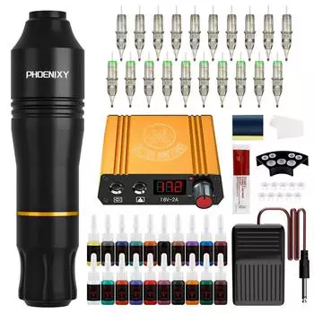 PHOENIXY Professional Rotary Tattoo Machine Kit, иглы для татуировки и 20 цветов, 5 мл чернила, источник питания для татуировки, набор ручек для татуировки для начинающих