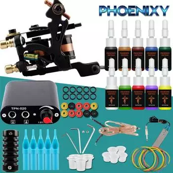 PHOENIXY Professional Tattoo Machine Kit LED 10 цветов Чернила для татуировки Блоки питания Наборы машин для татуировки