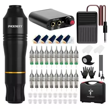 PHOENIXY Professional Tattoo Pen Kit Rotary Power Supplys Permanent Ink Pigment Body Art Makeup Complete Tattoo Machine Set SET A