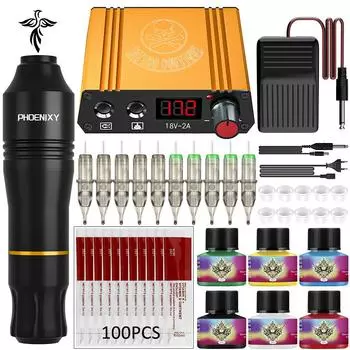 PHOENIXY Professional Tattoo Pen Kit Rotary Tattoo Machine Set Power Supplies Permanent Ink Pigments Complete Body Art Makeup Tattoo Kit