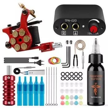 PHOENIXY Starter Tattoo Machines Gun с 30 мл чернилами, пигментом, источником питания для татуировки, традиционные игольчатые ручки для татуировки, инструменты для боди-арта, полный комплект Set 14