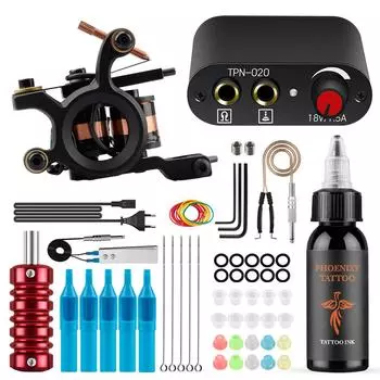 PHOENIXY Starter Tattoo Machines Gun с 30 мл чернилами, пигментом, источником питания для татуировки, традиционные игольчатые ручки для татуировки, инструменты для боди-арта, полный комплект Set 01