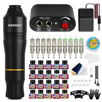 PHOENIXY Tattoo Pen Kit Machine Tattoo Rotary Pen LCD Источник питания и картриджи для татуировщиков