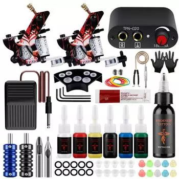PHOENIXY Two Tattoo Machine Kit, блок питания для татуировки, ручки, иглы, перманентные чернила для татуировки, полный набор для боди-арта, стартовый набор set 03