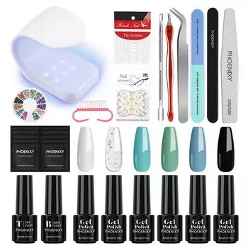 PHOENIXY УФ-светодиодная лампа для ногтей Сушилка для ногтей Лак Гель-лак для ногтей Набор для маникюра Базовое верхнее покрытие и наборы инструментов для замачивания для дизайна ногтей Стартовый набор Set 10