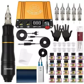 PHOENXIY Professional Tattoo Pen Kit Rotary Machine LCD Tattoo Power Supply Permanent Tattoo Ink Pigment Kit Аксессуары Инструменты Поставки Body Art