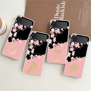 Phone Case For Samsung Galaxy Z Flip 3 4 5 Transparent fold High Hard PC Shell For Galaxy Z Flip 3 5 Cover Golden Letter Flower Galaxy Z Flip 5