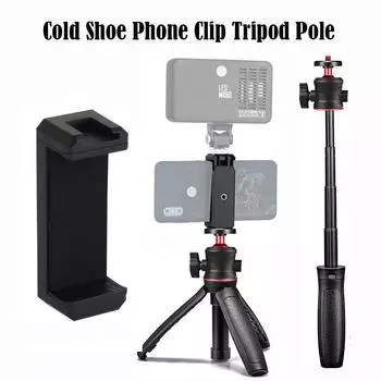 Phone Foldable Extend Pole Tripod Clip Mount with Cold Shoe Mount 1/4 Screw Interface for iPhone Samsung XIAOMI Mic LED Light