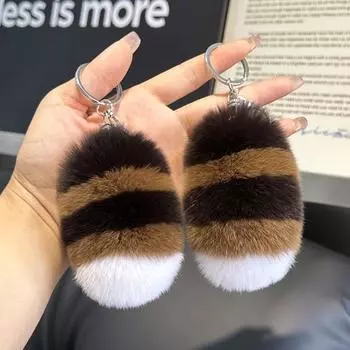 Phone Lanyard Rabbit Fur Keyring Fluffy Soft Pompom Tail Keyring Raccoon Tail Keychain Backpack серый