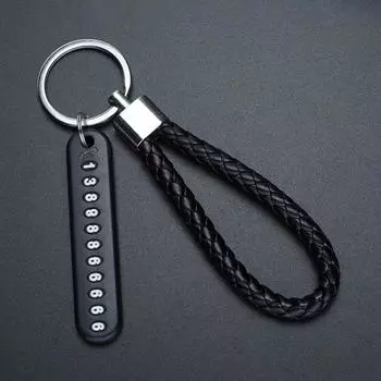 Phone Number Card Leather Bradied Vehicle Pendant Car Keychain Phone Number Plate Anti-lost Keyring black-1