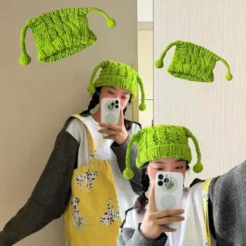 Пи молодой такой же милый слизь веселая шерстяная шапка смешные щупальца сохраняют тепло утолщенные зеленые уши вязаная шапка прилив elastic (55-59cm) чёрный