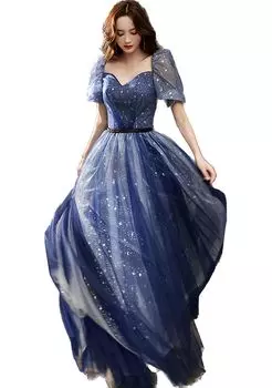 Пиано Рецитал Длинный Цвет Вечерняя Вечеринка Puff Princess Maxi [Платье EightSTAR] Платье, Взрослые, Платье, Невеста, Вечеринка, Платье А-силуэта, Рукава, Платье, синий
