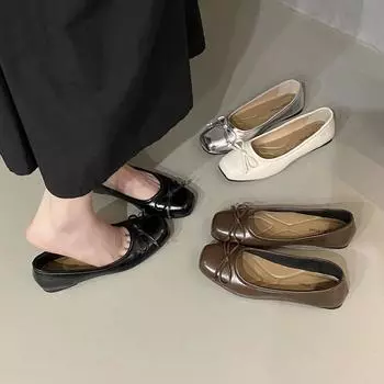 Piaohong bow square head soft sole single shoes women s 2024 spring new shallow mouth flat bottom French ballet small silver ladyshoes women 35 бежевый