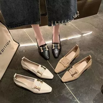 Piaohong Маленькие кожаные туфли женские британские ветреные туфли на толстом каблуке однобортные туфли с одной педалью женские туфли на среднем каблуке 35 хаки