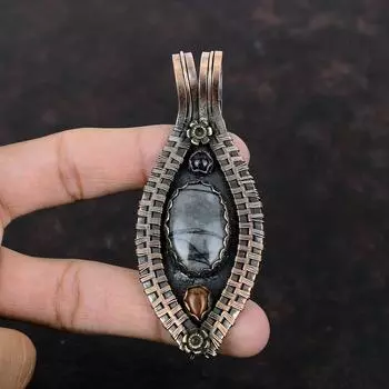 Picasso Jasper Gemstone Pendant Copper Wire Wrapped Pendant Handmade Jewelry Mahogany Obsidian & Blue Sunstone Pendant Unique Copper Jewelry