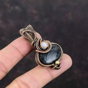 Подвеска из яшмы Пикассо, подвеска из медной проволоки, подвеска из радужного лунного камня, ювелирные изделия из драгоценных камней, подвеска ручной работы из меди, лечебный камень