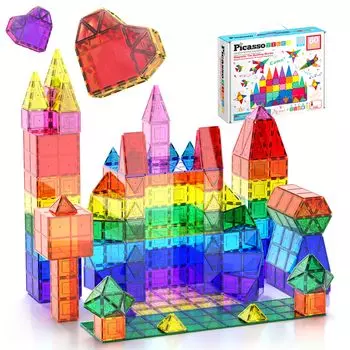 PicassoTiles 60 Piece Set 60 шт. Магнитные строительные плитки Прозрачные магнитные 3D строительные блоки Строительная игровая доска Невообразимое Обычное -