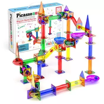 PicassoTiles Marble Run 50 шт. Магнитная плитка Гоночная трасса Игровой набор STEM Building Learning Образовательный магнит Детский набор для развития мозга Мальчики Девочки