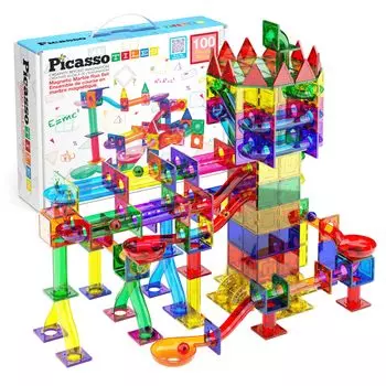 PicassoTiles Marble Run Магнитные плитки 100 шт. Гоночная трасса Игрушка STEM Сборка Обучение Образование Магнитная сборка Детский образовательный набор для мальчиков