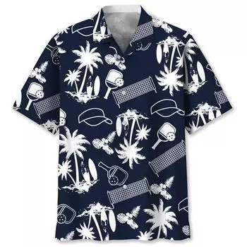 Pickleball Настольный теннис 3D Печатная Гавайская рубашка для мужчин Летние спортивные узоры Пляжные топы с короткими рукавами Блузка с пуговицами на лацканах S