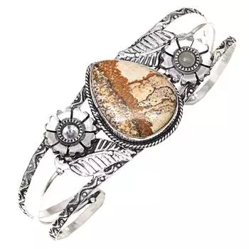 Picture Jasper Gemstone Antique Silver Jewelry Cuff Bracelets 7 Adjustable