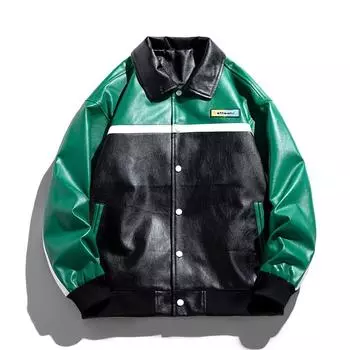 Пиджак с лацканами, мужской, американский ретро, уличный, мотоциклетный костюм с цветными блоками, куртка унисекс из искусственной кожи M зелёный