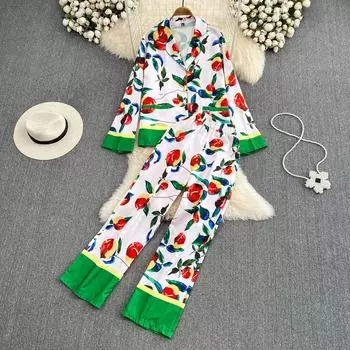 Пиджак с высокой посадкой и принтом, узкие широкие брюки с высокой талией, комплект домашней одежды из двух предметов One Size зелёный