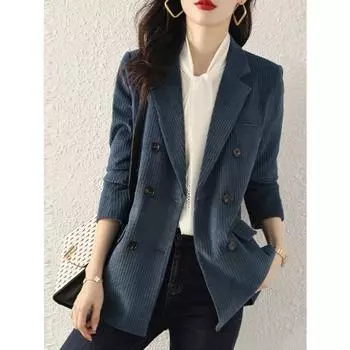 Пиджак вельветовый ретро для женщин на осень/зиму, повседневный и изысканный маленький блейзер в британском стиле с ощущением высокого класса M чёрный