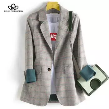 Пиджаки с длинными рукавами и одной пуговицей Офисный женский элегантный тонкий повседневный клетчатый пиджак Пальто Блейзер S