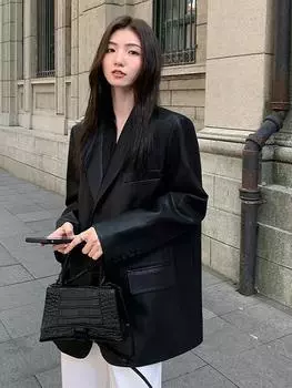 Пиджаки женские из искусственной кожи куртка черная панк бомбер пальто женская весна осень верхняя одежда S чёрный