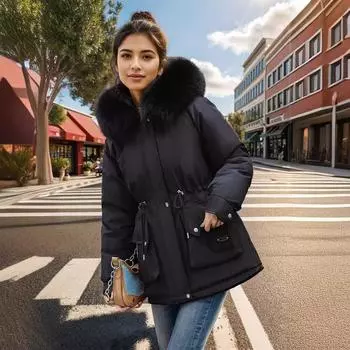 Pie Overcome Women s Winter Medium and Long Hooded Cotton-Padded Clothing Lamb Wool Thickened Women s Jacket M кофейный