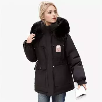 Pie Overcomes Women s Winter Version Waist Skinny Hooded Big Fur Collar Plush Cotton Jacket Cotton Tide M