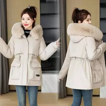 Pie Overcomes Женская зимняя мода 2024 года, универсальная хлопковая одежда, плюшевая куртка с капюшоном, большой меховой воротник, теплая хлопковая одежда для женщин M чёрный