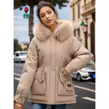 Pie Overtein женское зимнее пальто средней и длинной длины с капюшоном на хлопковой подкладке пальто на хлопковой подкладке утолщенное пальто из овечьей шерсти M [Recommended below 55kg]