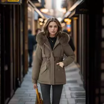 Pie Overveil женская корейская версия свободная утолщенная стеганая куртка зимняя с большим меховым воротником зимняя короткая стеганая куртка M чёрный