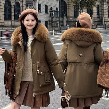 Pie Overveil женская повседневная куртка с меховым воротником, набитая и утолщенная на пуху куртка с хлопковой подкладкой, новинка 2024 г. M чёрный