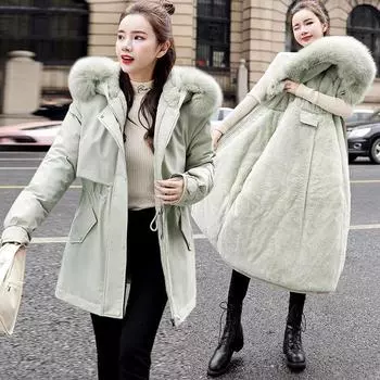 Pie Overveil женская средняя и длинная 2024 новая флисовая утолщенная хлопковая одежда свободная большая меховая воротник корейская версия поясная куртка M recommends 90-55 kg хаки