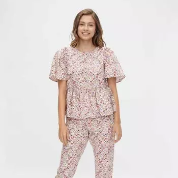 PIECES Женская пышная футболка с короткими рукавами и цветочным принтом