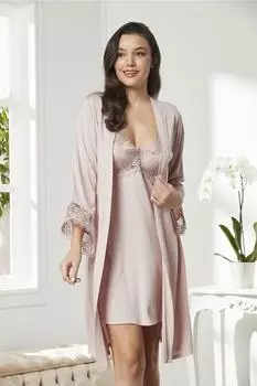 Pierre Cardin Женская короткая кружевная ночная рубашка из чесаного хлопка, халат, пижамный комплект, комплект из шести предметов, код 5040