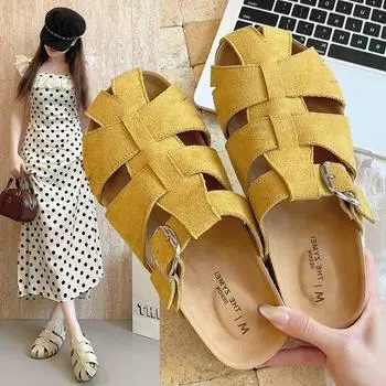 Pig cage hollow bag head boken half slippers women s wear 2025 new retro soft flat bottom lazy one pedal sandals 35 жёлтый