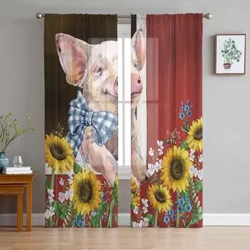 Pig Sunflower Farm Idyllic Barn Sheer Curtains for Living Room Modern Voile Curtain Bedroom Tulle Curtains Window Drapes Decor W135 x H114cm