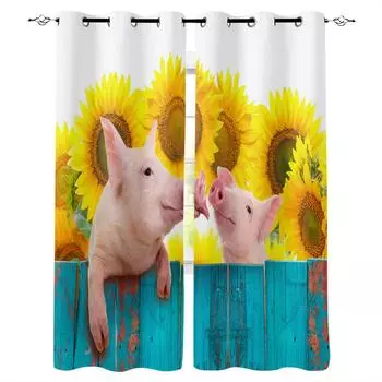 Pig Sunflower Flower Animal Blackout Curtains For Bedroom Blinds Drapes Window Curtains For Living Room High Shading W135 x H60cm