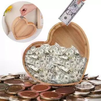 Piggy Bank Wooden Heart Shaped Coin Money Saving Box Jar Coins Storage Box Desktop Ornament Home Decor Crafts Xmas Birthday Gift