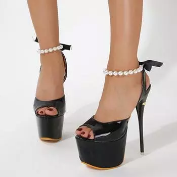 Пикантные белые сандалии на платформе с бусинами на очень высоком каблуке 16 см, женские модные женские модельные туфли с открытым носком и бантом, туфли-лодочки 41 белый