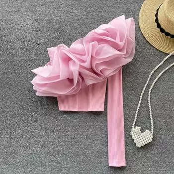 Пикантные сексуальные трехмерные цветы, украшенные короткими булавками на одно плечо, дизайнерские нишевые топы с длинными рукавами One Size розовый