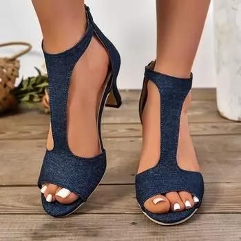 Пикантные женские сандалии на высоком каблуке, однотонные джинсовые женские сандалии на тонком каблуке, уличные прогулочные сандалии с острым носком, Femmer 40 синий