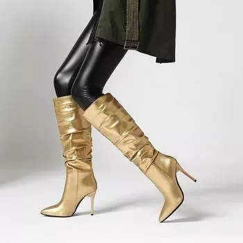 Пикантные женские зимние ботинки 10 см, сапоги до бедра на тонком высоком каблуке и платформе, женская обувь без шнуровки с острым носком, клубные сапоги 35 серебряный