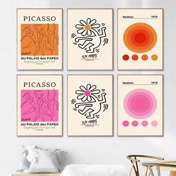 Пикассо Танцовщица Баухауз Круглый Харинг Настенное Искусство Розовая Эстетика Оранжевый Холст Картина Плакат на скандинавскую тему и принты Декор для гостиной 21cm30cm NoFrame