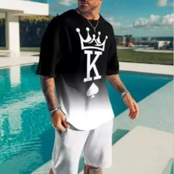 Пики K с принтом, модный 3D-покер, комплект из 2 предметов, мужские футболки, футболки с круглым вырезом, шорты, комплект из двух предметов, повседневная толстовка в стиле Харадзюку для мальчиков 6XL